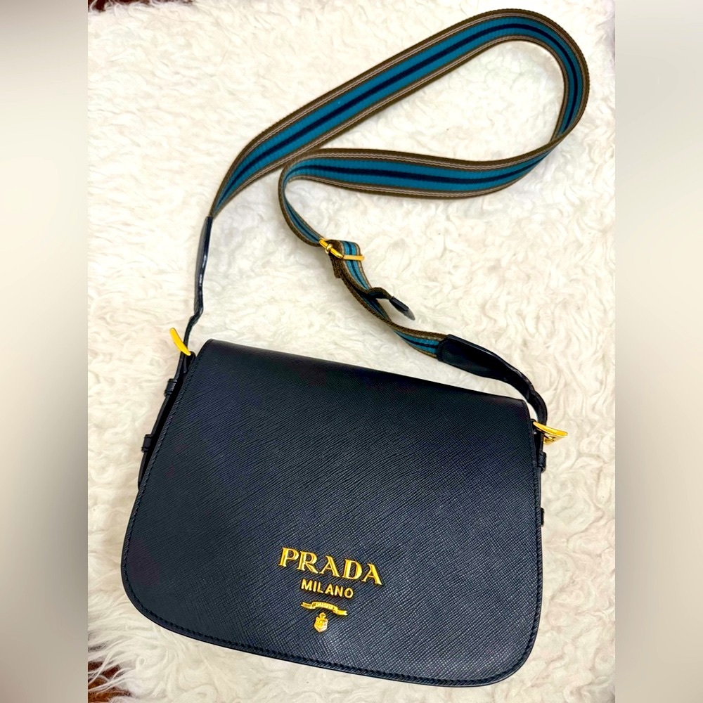 Prada Web Strap Flap Shoulder Bag Saffiano Leather Small